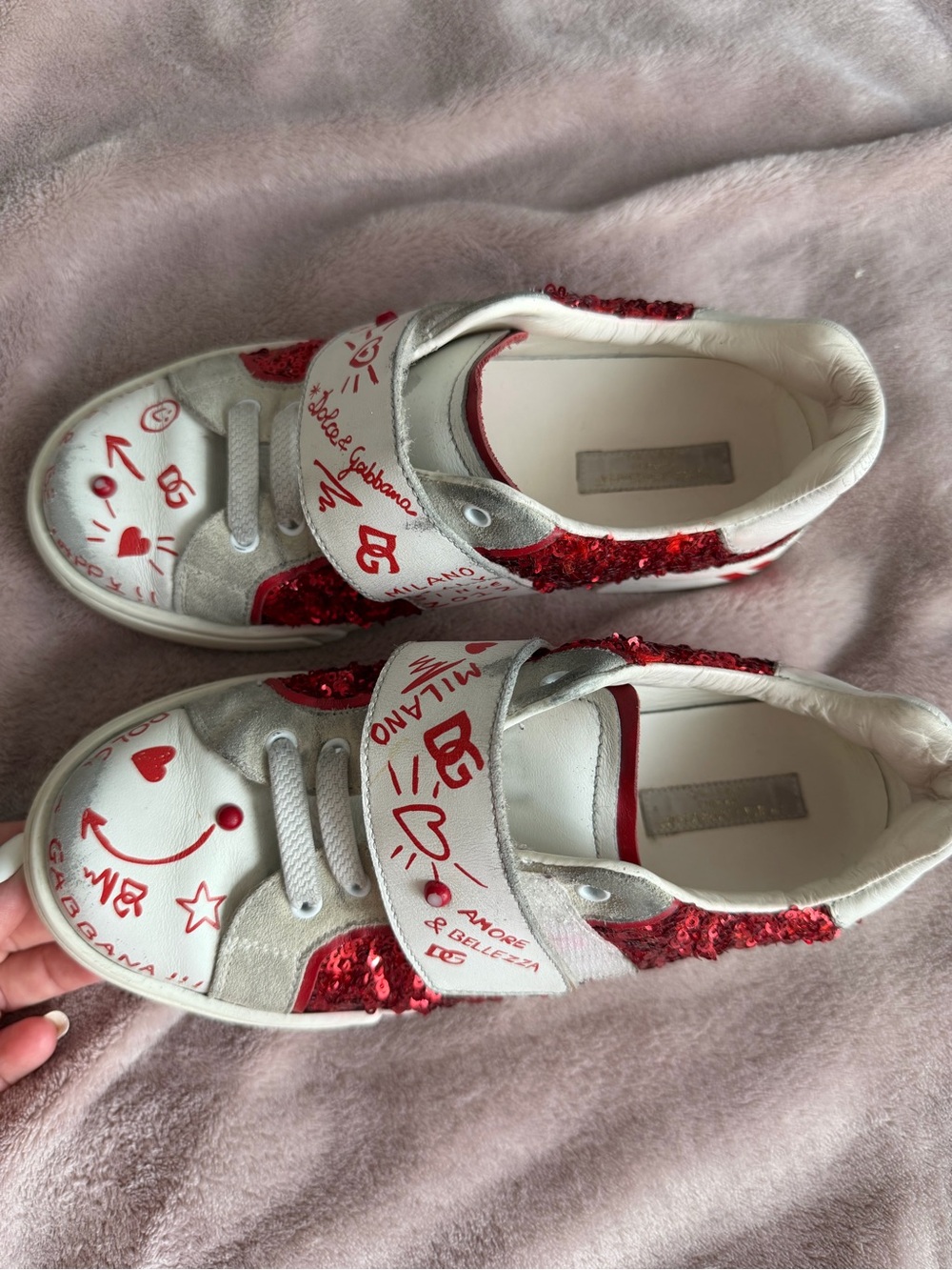 Dolce&Gabbana Kids Girls White Leather & Red Glitter Strap Sneakers Size 1.5 Y
